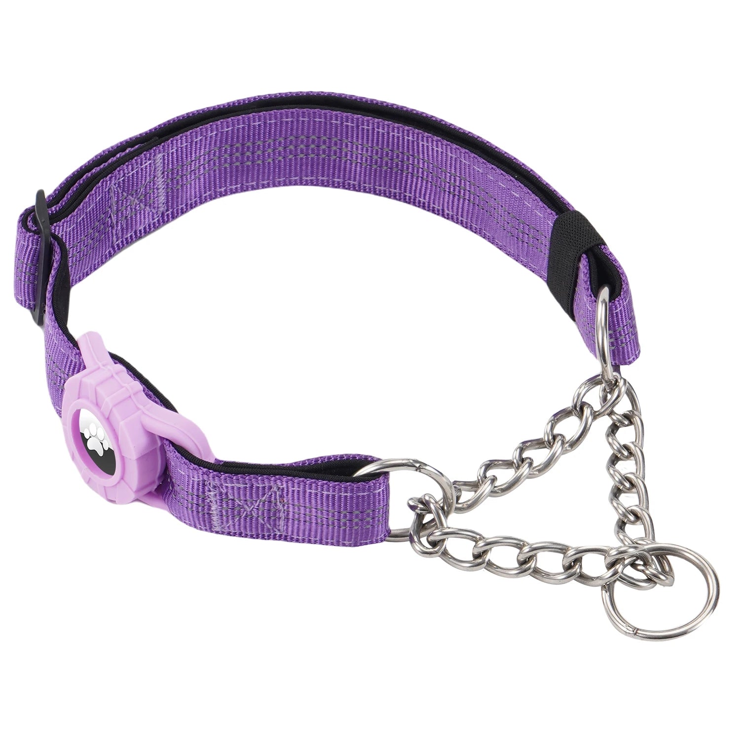 Dog Collar with AirTag Holder, Reflective Nylon Soft Padded No-Pull Training Collar Adjustable Stainless Steel Chain Collar