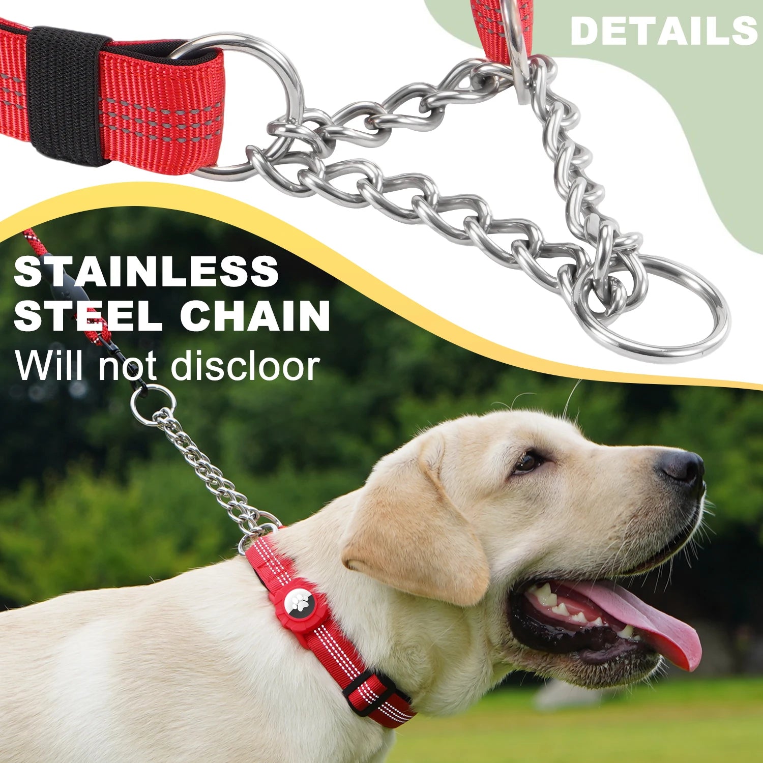 Dog Collar with AirTag Holder, Reflective Nylon Soft Padded No-Pull Training Collar Adjustable Stainless Steel Chain Collar