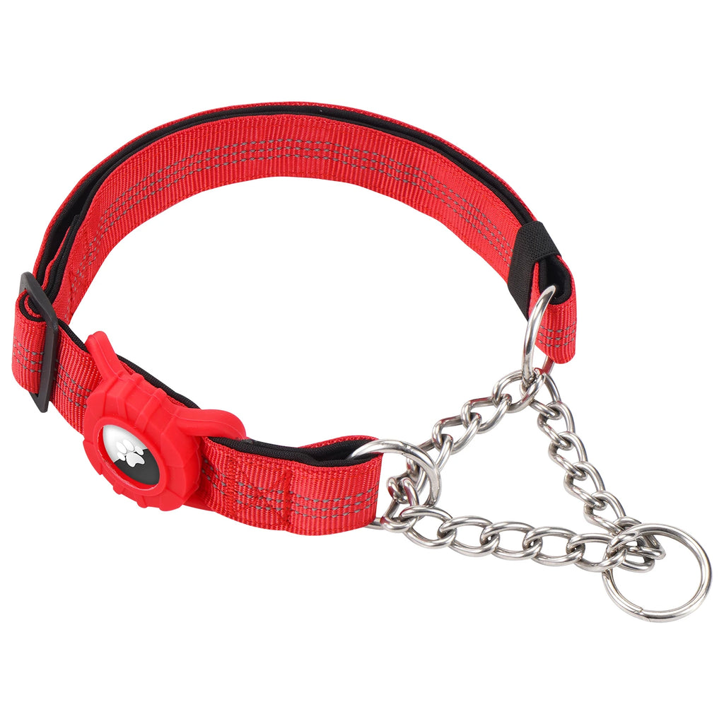Dog Collar with AirTag Holder, Reflective Nylon Soft Padded No-Pull Training Collar Adjustable Stainless Steel Chain Collar