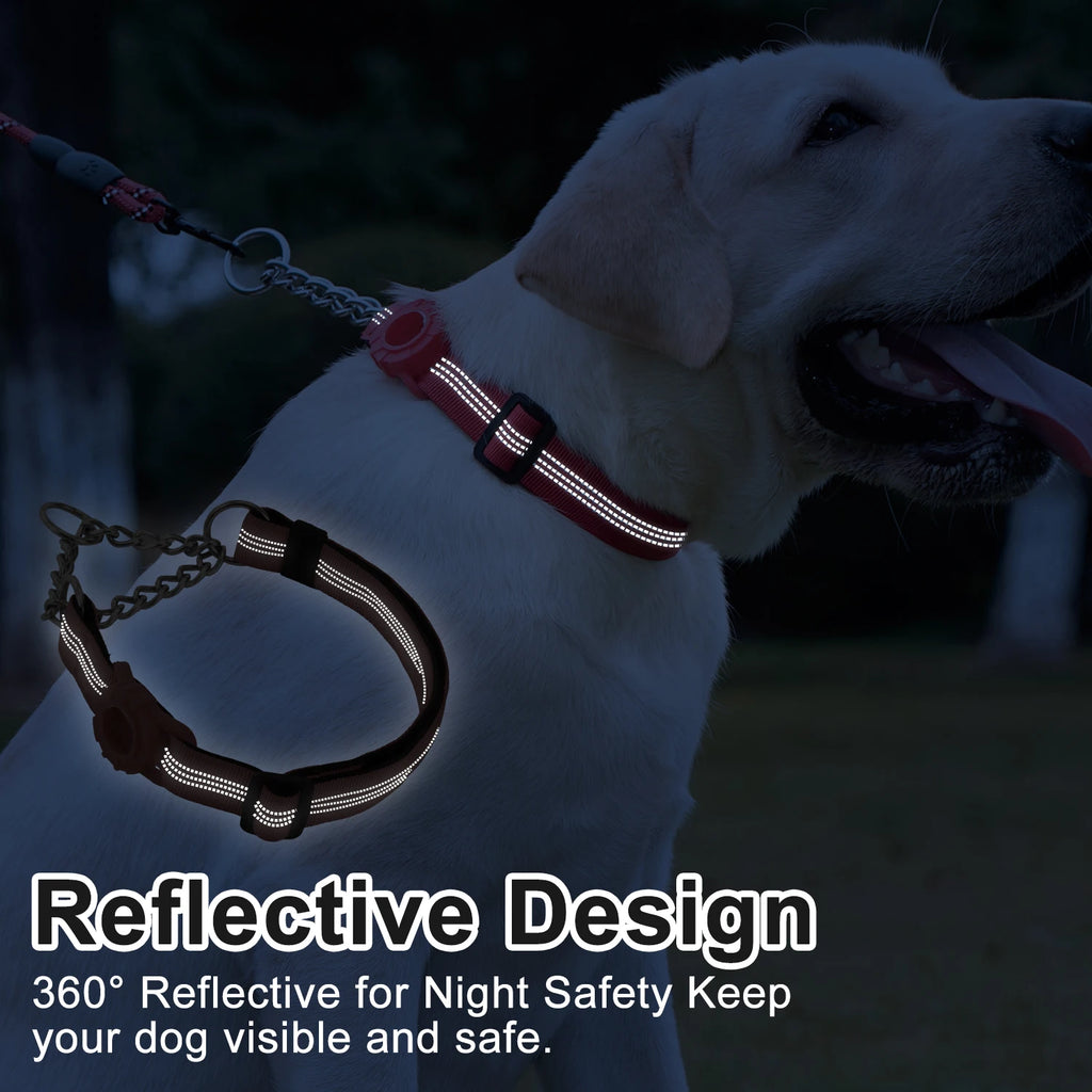 Dog Collar with AirTag Holder, Reflective Nylon Soft Padded No-Pull Training Collar Adjustable Stainless Steel Chain Collar