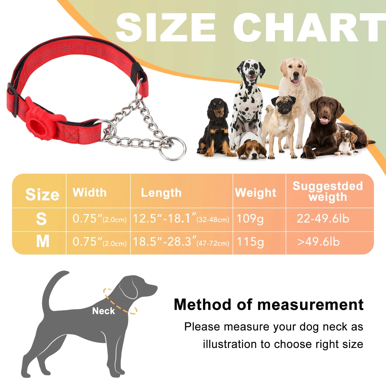 Dog Collar with AirTag Holder, Reflective Nylon Soft Padded No-Pull Training Collar Adjustable Stainless Steel Chain Collar