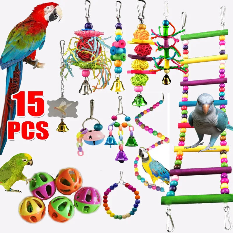 Combined set of parrot toys – swing, bell, ball, stand 15 pieces
