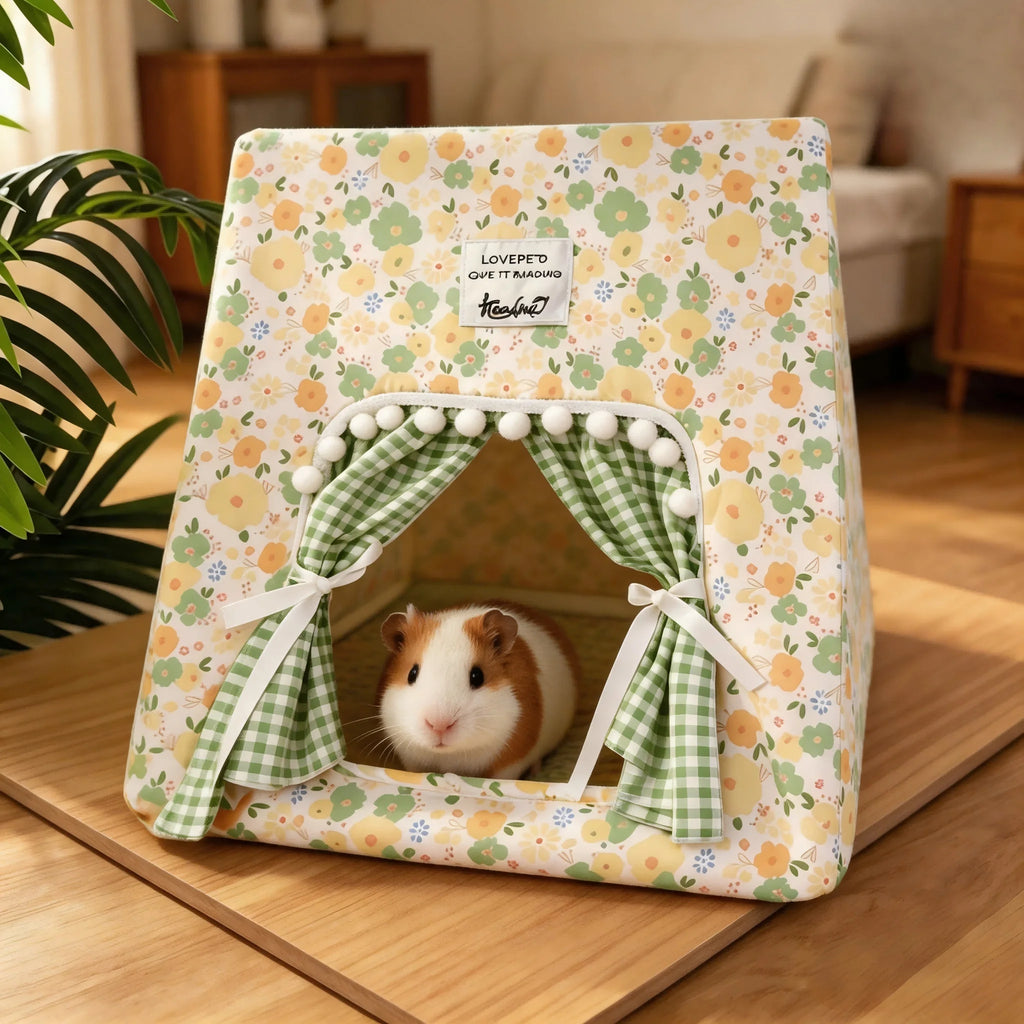 Floral Print Tent Bed with Curtains – for Rabbits, Guinea Pigs and Hamsters, S/M/L