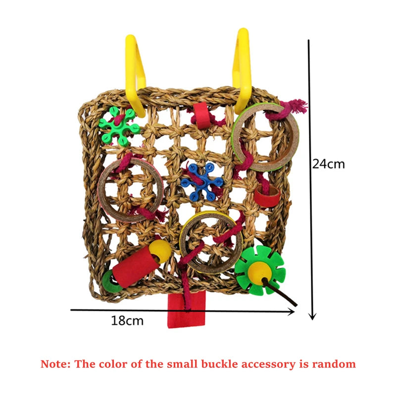 Parrot Toy – climbing net, swing, and chew toy made of wood and seagrass