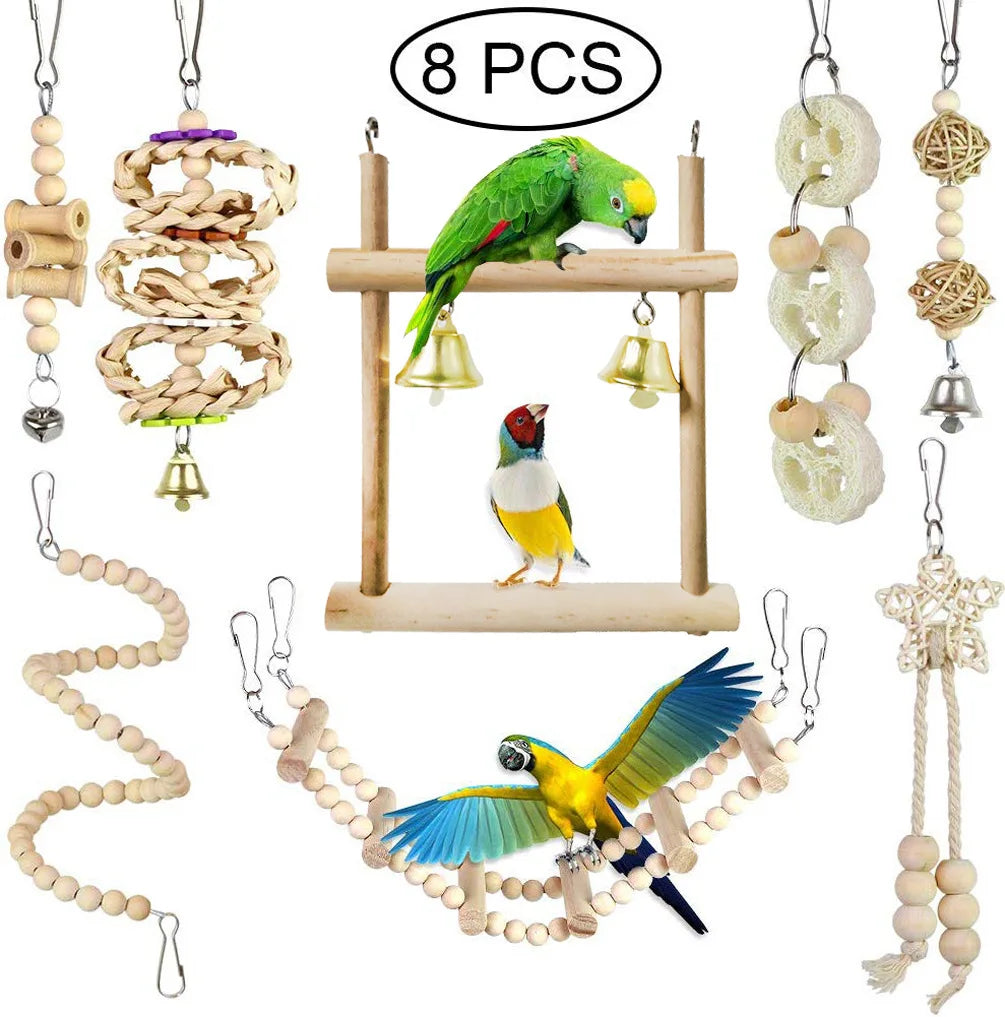 Combined set of parrot toys – swing, bell, ball, stand 15 pieces