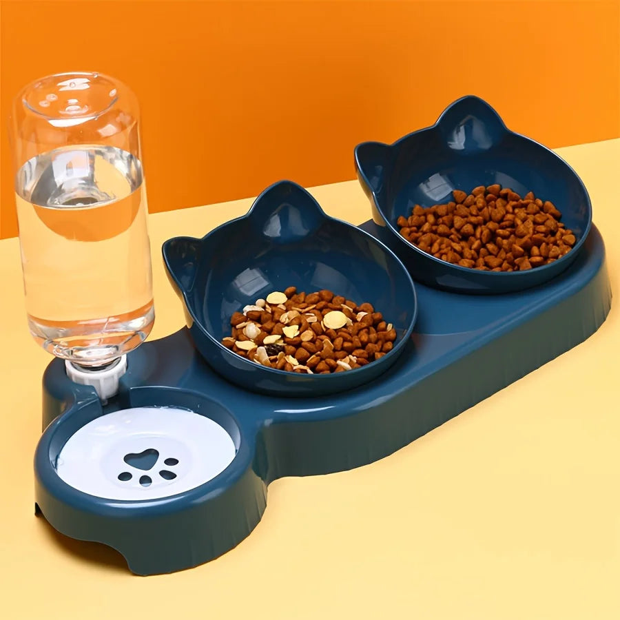 3-in-1 Cat Bowl Set – Tilted, with Gravity Water Dispenser