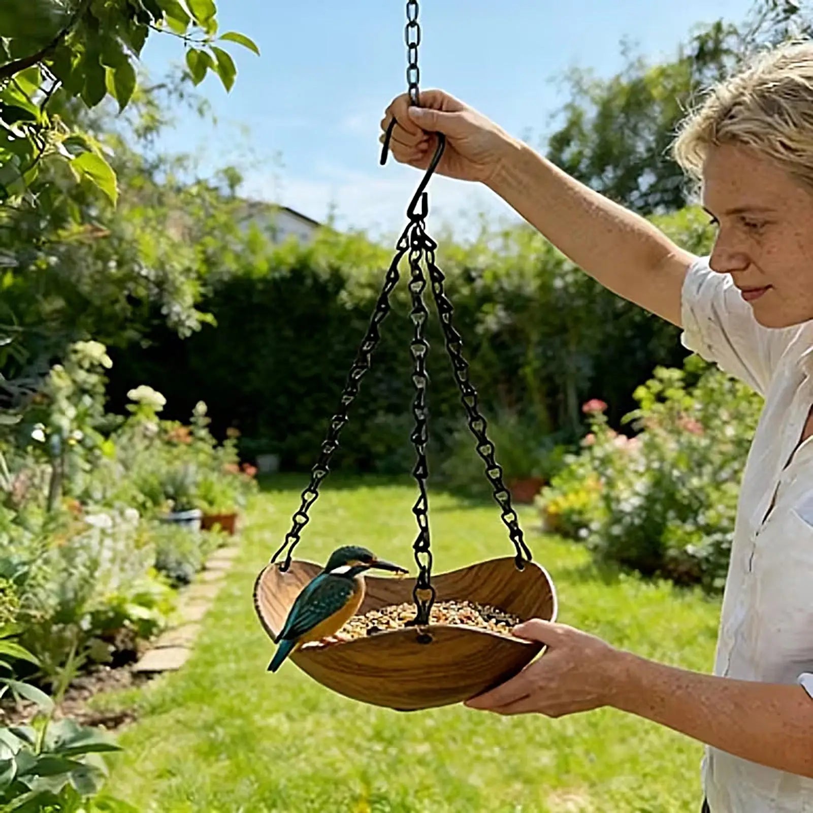 Wooden bird drinker and feeder - garden decoration, vintage style
