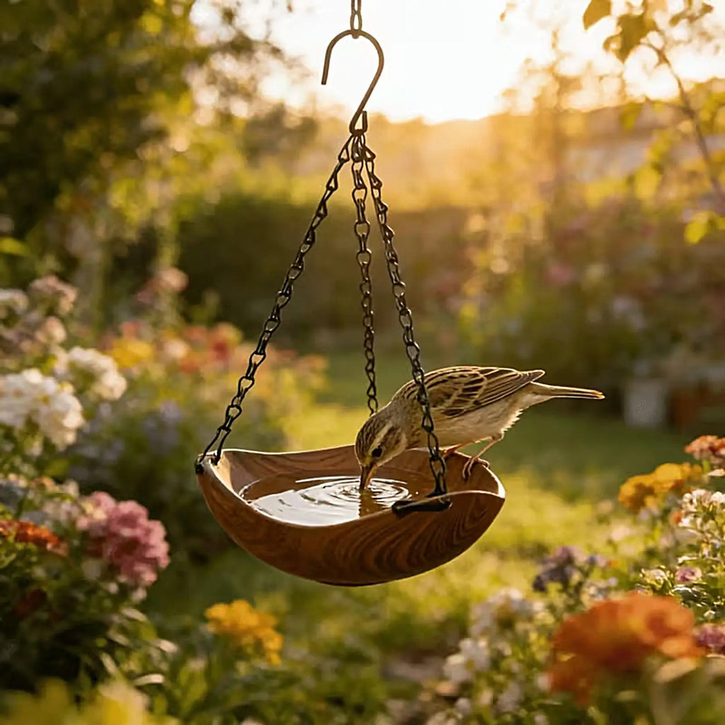 Wooden bird drinker and feeder - garden decoration, vintage style
