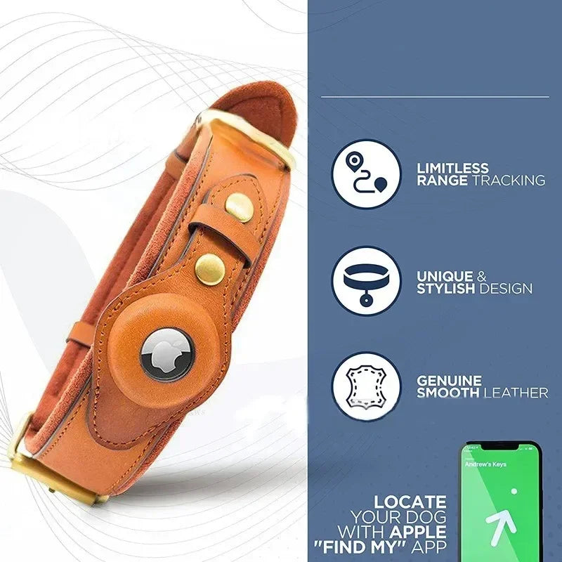 AirTag Holder Case Pet Dog Collar Leather Solid and Anti-Loss Genuine Leather AirTag Heavy Duty Dog Collar