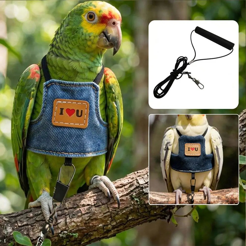 Parrot harness with leash – denim design, anti-bite, adjustable, S/M/L