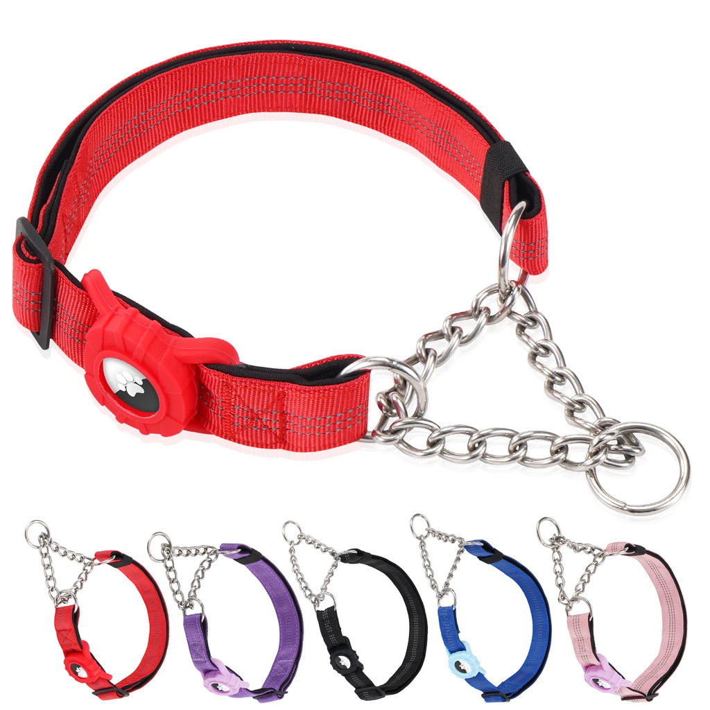 Dog Collar with AirTag Holder, Reflective Nylon Soft Padded No-Pull Training Collar Adjustable Stainless Steel Chain Collar
