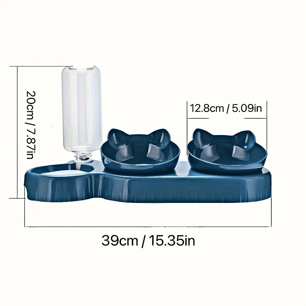 3-in-1 Cat Bowl Set – Tilted, with Gravity Water Dispenser