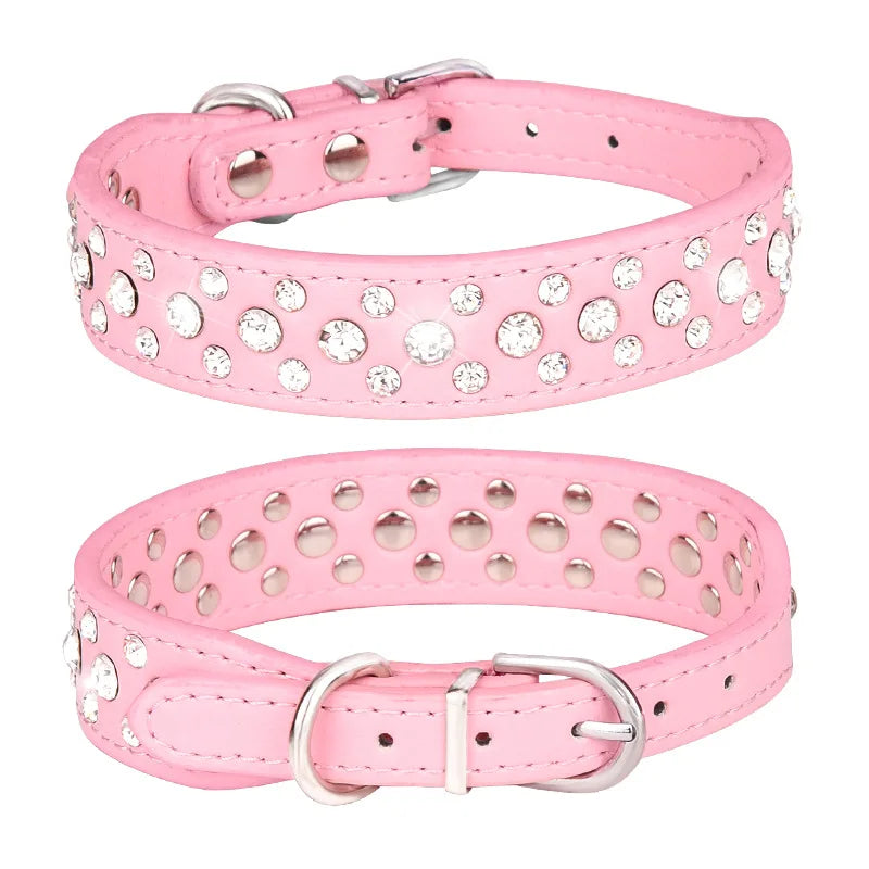 Zircon collar for dogs and cats - PU leather, adjustable, elegant