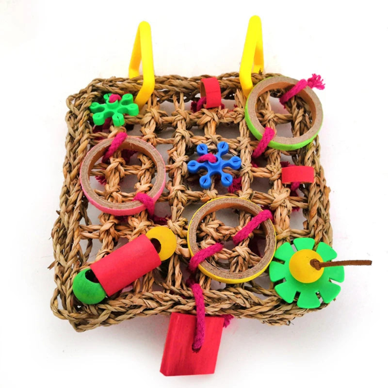 Parrot Toy – climbing net, swing, and chew toy made of wood and seagrass