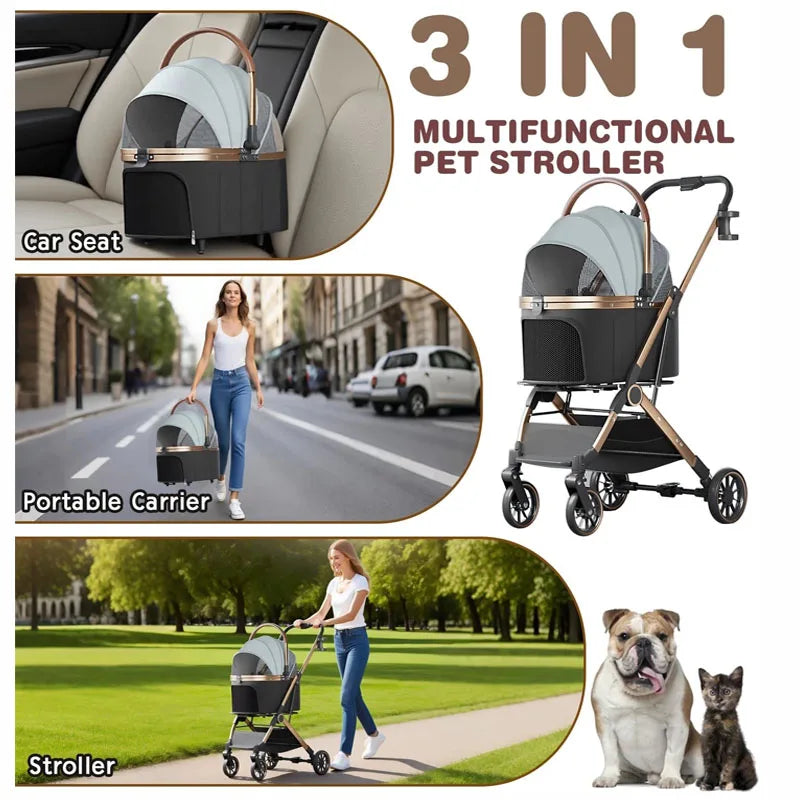 Pet 3-in-1 Portable Foldable Pet Strollers with Detachable Bag for Small and Medium Dogs and Cats Up to 45 lbs, Carts Basket Can Be Separated