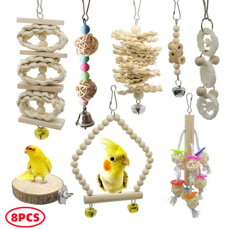 Combined set of parrot toys – swing, bell, ball, stand 15 pieces