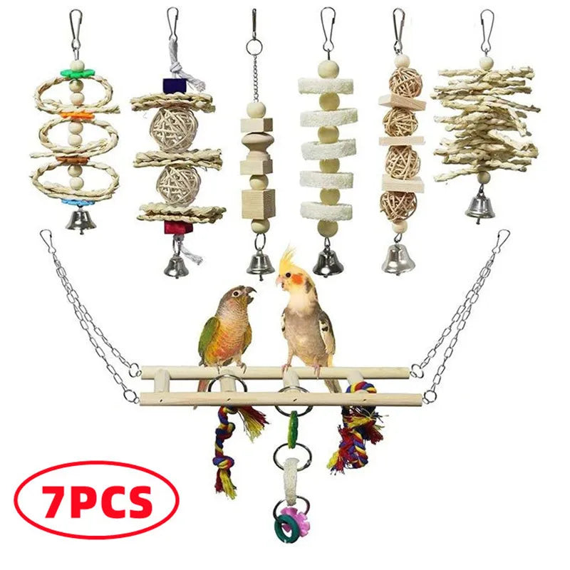 Combined set of parrot toys – swing, bell, ball, stand 15 pieces