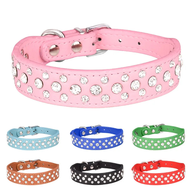 Zircon collar for dogs and cats - PU leather, adjustable, elegant