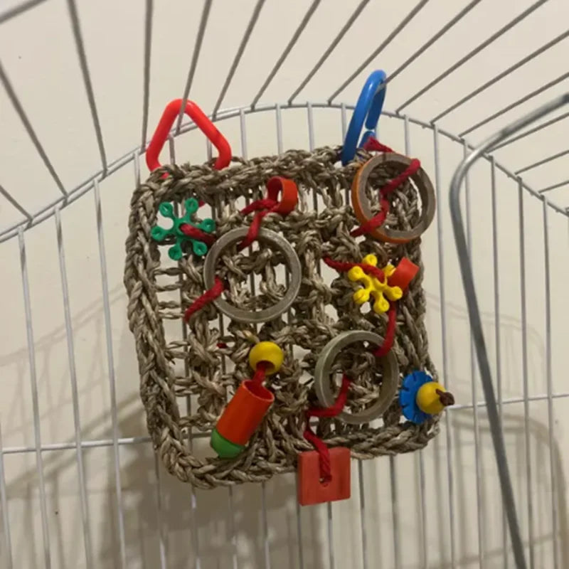 Parrot Toy – climbing net, swing, and chew toy made of wood and seagrass