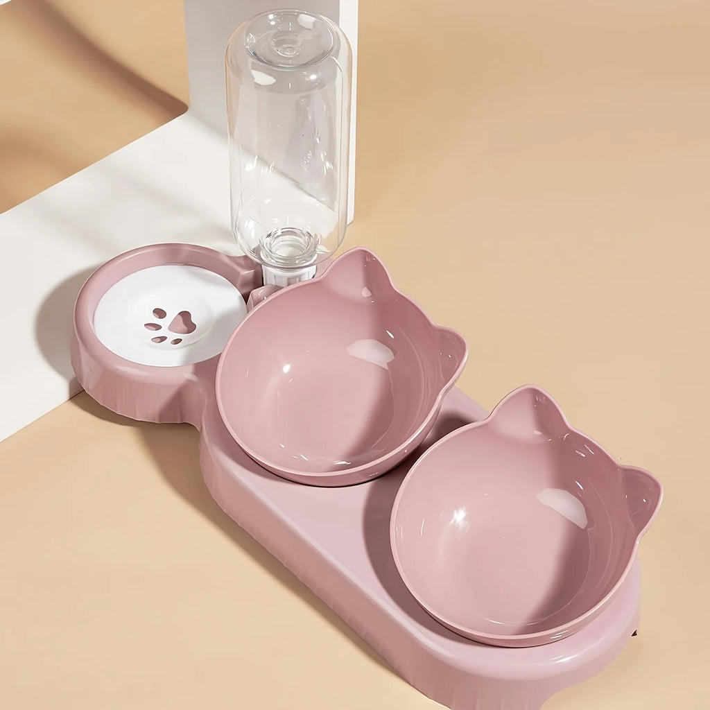3-in-1 Cat Bowl Set – Tilted, with Gravity Water Dispenser