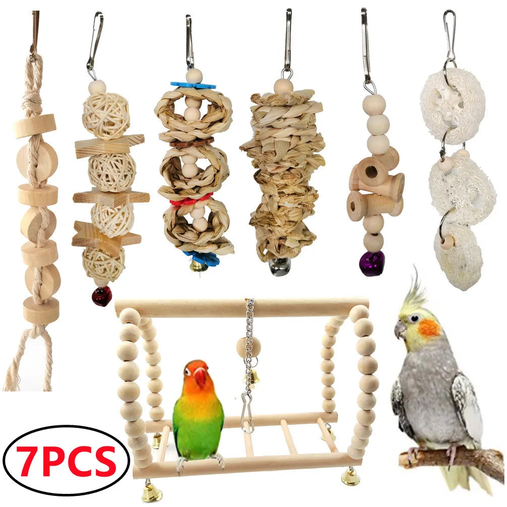 Combined set of parrot toys – swing, bell, ball, stand 15 pieces