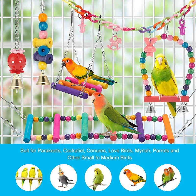 Parrot Toy Set 11 pcs – wooden swing, beads, bridge, chew
