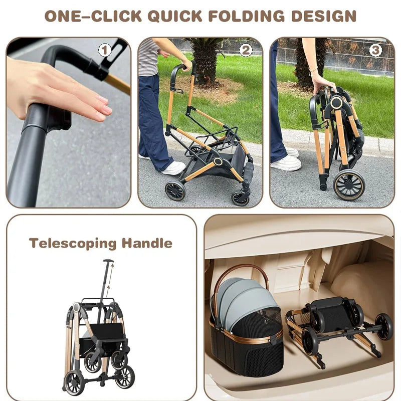 Pet 3-in-1 Portable Foldable Pet Strollers with Detachable Bag for Small and Medium Dogs and Cats Up to 45 lbs, Carts Basket Can Be Separated