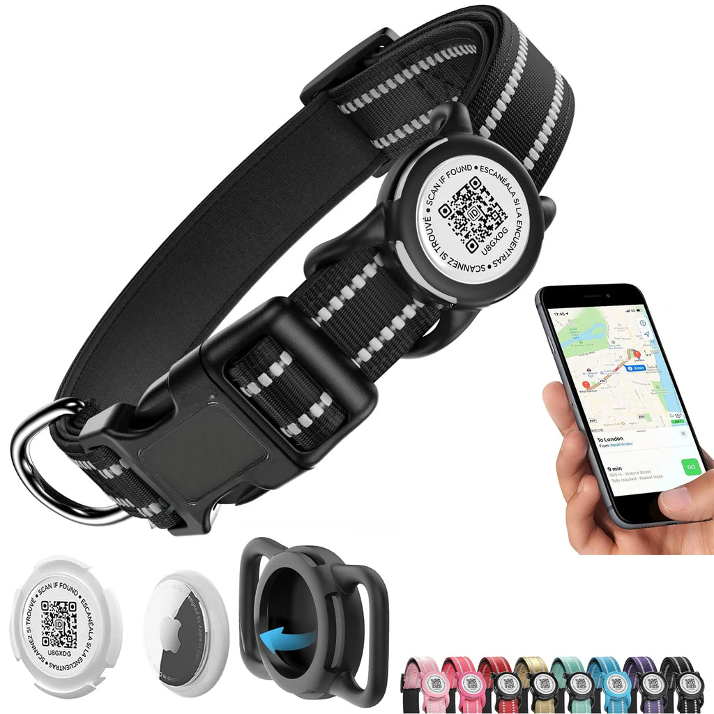 Waterproof Air Tag Dog Collar with AirTag Holder & QR Code, Reflective Soft Padded & Safety Buckle, AirTag Pet Collar for Dogs
