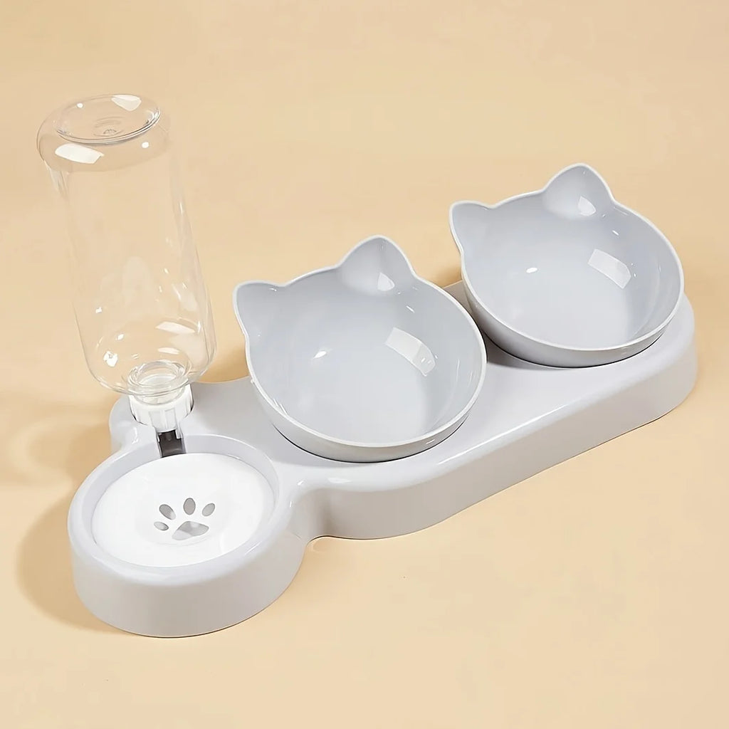 3-in-1 Cat Bowl Set – Tilted, with Gravity Water Dispenser