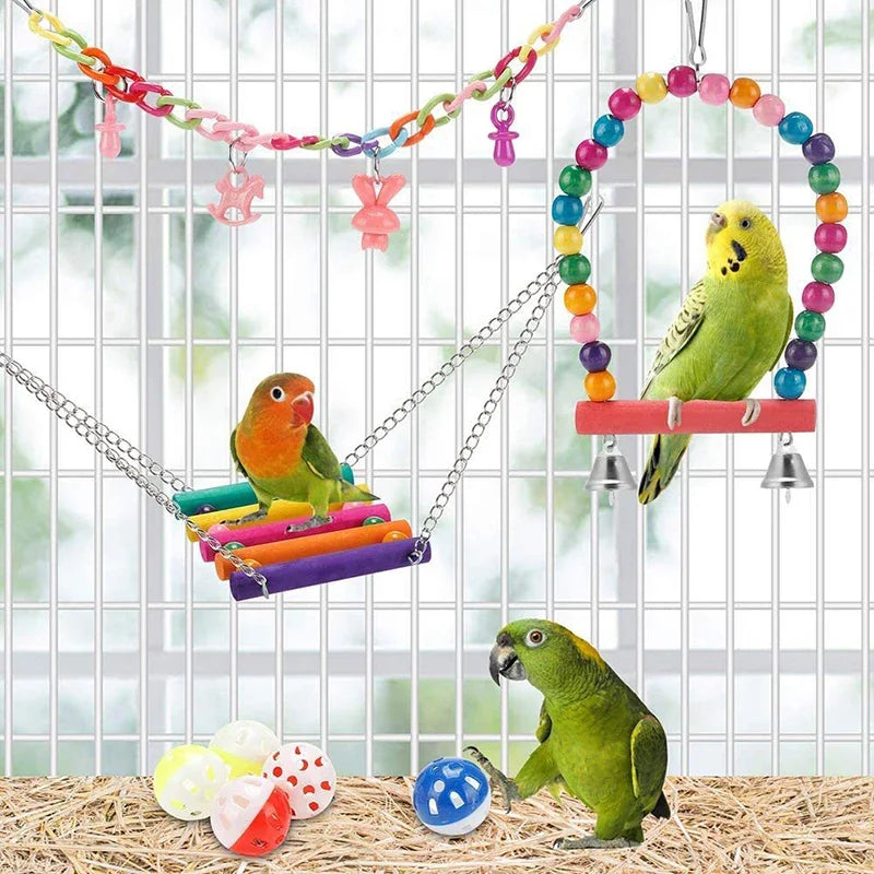 Parrot Toy Set 11 pcs – wooden swing, beads, bridge, chew