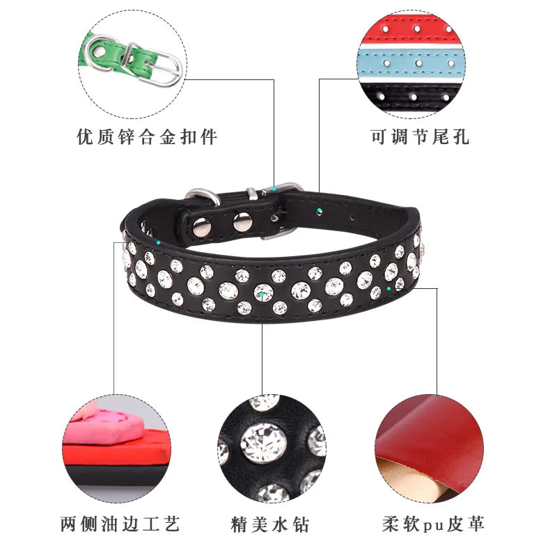 Zircon collar for dogs and cats - PU leather, adjustable, elegant