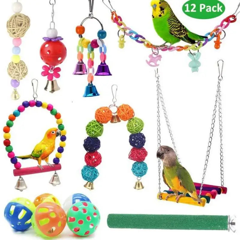 Combined set of parrot toys – swing, bell, ball, stand 15 pieces