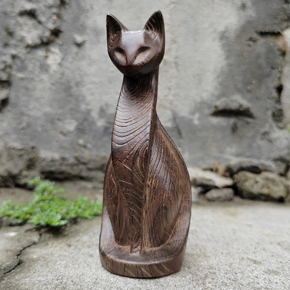 Wooden hand-carved cat figurine – geometric style, home decoration