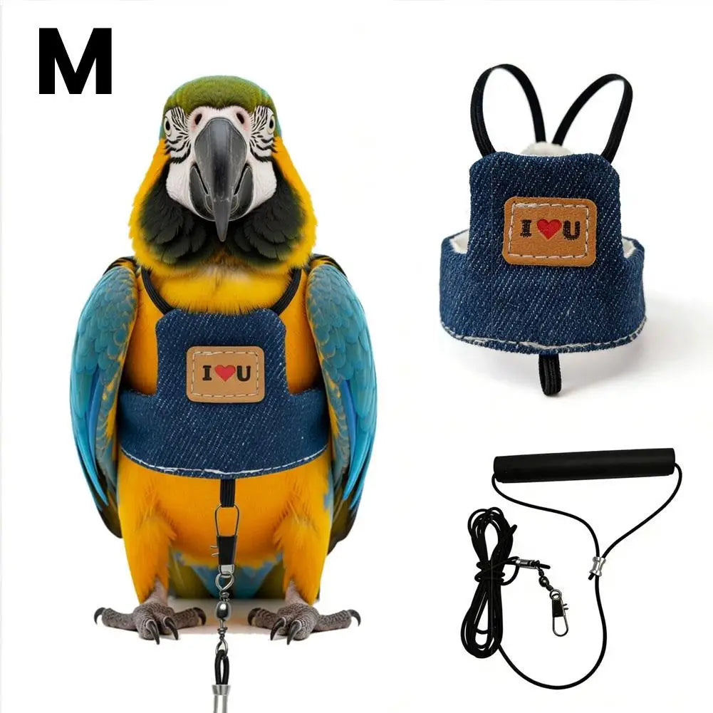 Parrot harness with leash – denim design, anti-bite, adjustable, S/M/L