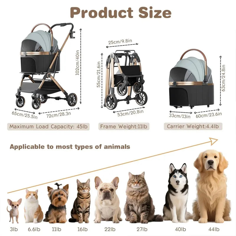 Pet 3-in-1 Portable Foldable Pet Strollers with Detachable Bag for Small and Medium Dogs and Cats Up to 45 lbs, Carts Basket Can Be Separated