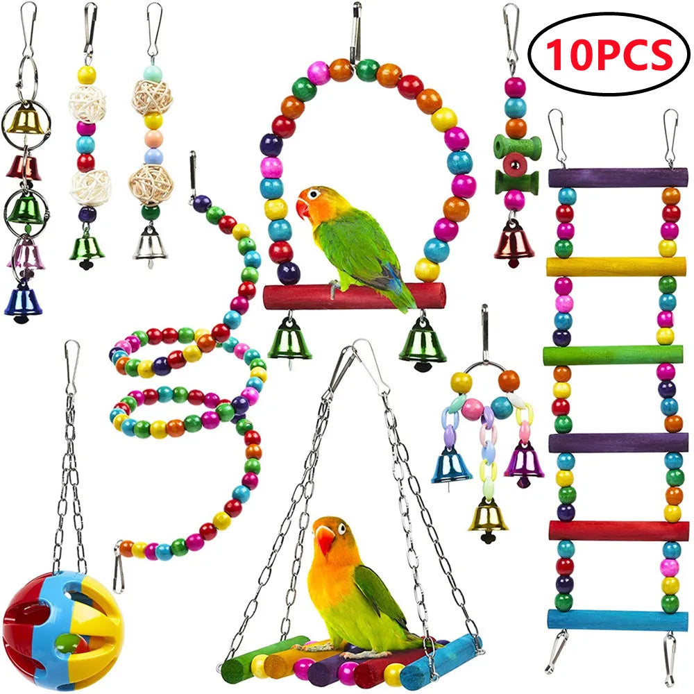 Combined set of parrot toys – swing, bell, ball, stand 15 pieces