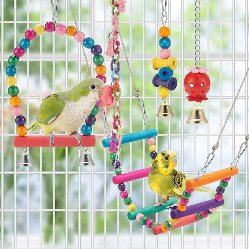 Parrot Toy Set 11 pcs – wooden swing, beads, bridge, chew