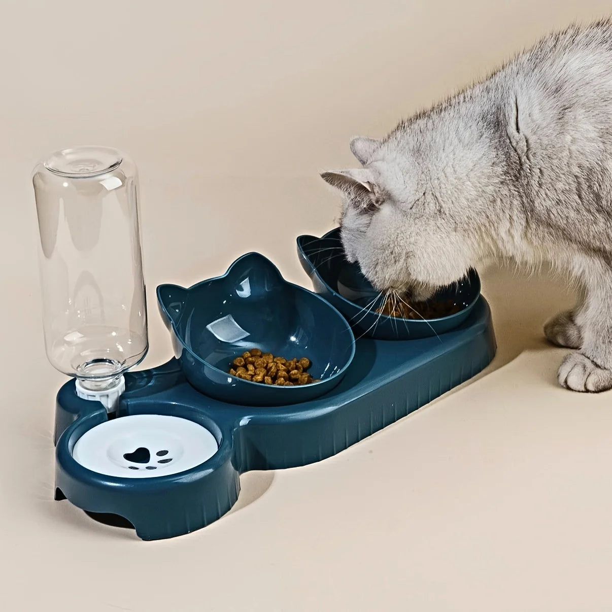 3-in-1 Cat Bowl Set – Tilted, with Gravity Water Dispenser