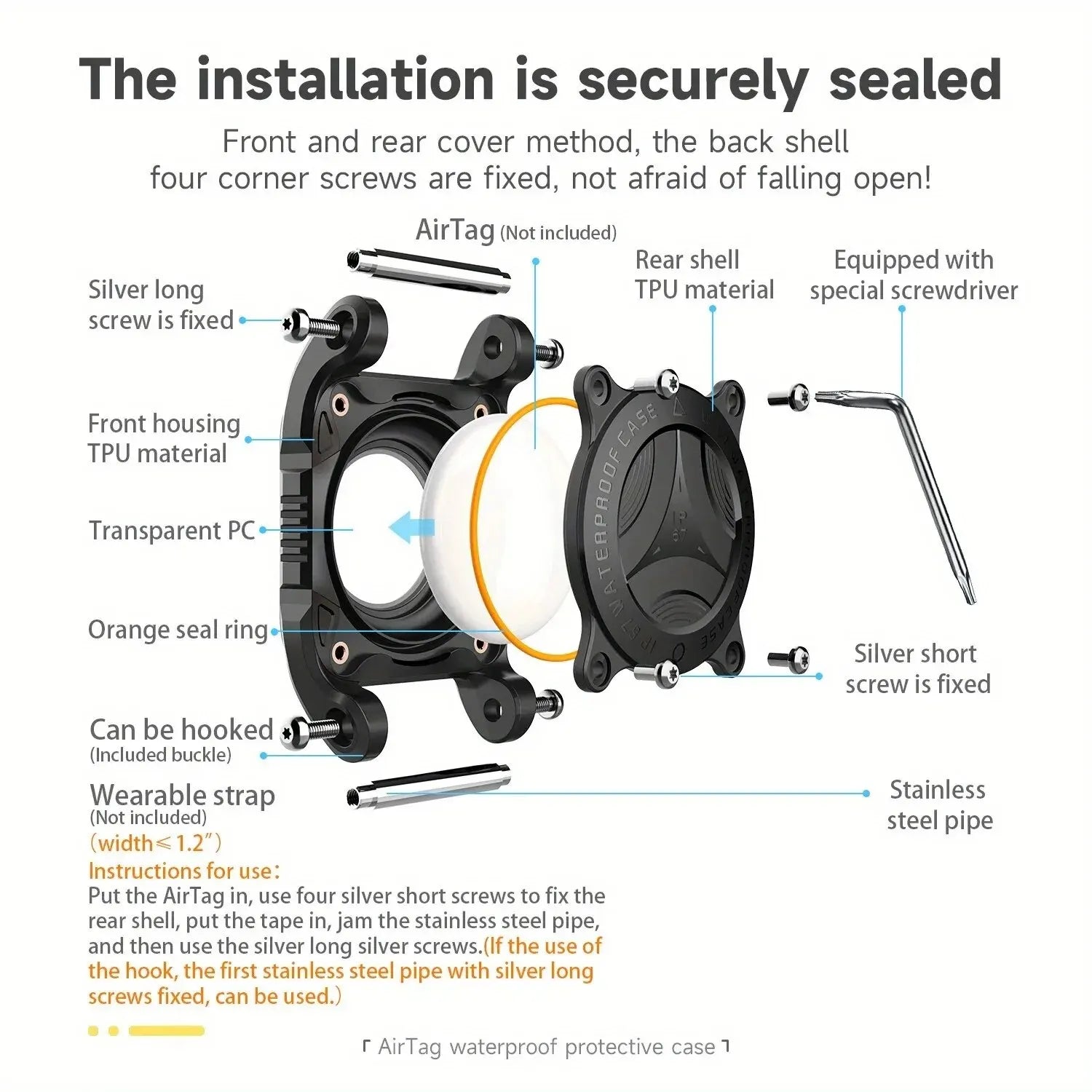 IP68 Waterproof Airtag Case for Dog Collar Hard TPU Full Protection AirTag Holder with Removable Handle Dog Tracker Airtag Cover