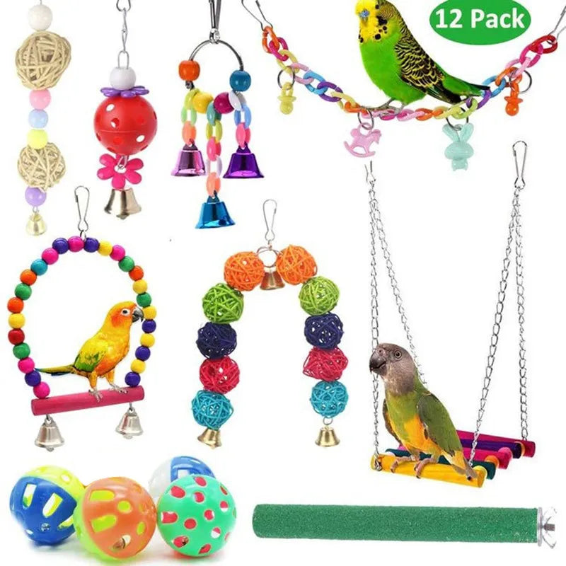 Combined set of parrot toys – swing, bell, ball, stand 15 pieces