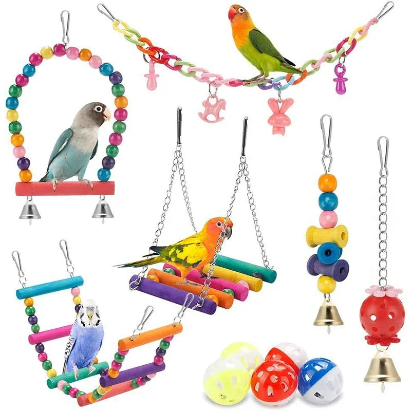 Parrot Toy Set 11 pcs – wooden swing, beads, bridge, chew