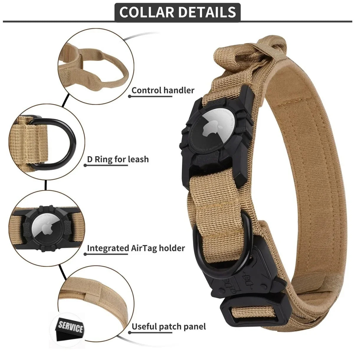 Adjustable with AirTag Holder Tactical Dog Collar, Comfortable Padded and Handle Metal Buckle GPS Collar for Medium Large Dogs