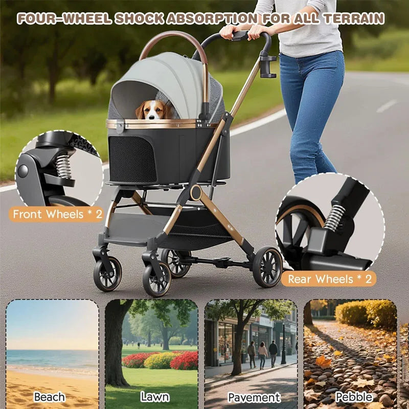 Pet 3-in-1 Portable Foldable Pet Strollers with Detachable Bag for Small and Medium Dogs and Cats Up to 45 lbs, Carts Basket Can Be Separated