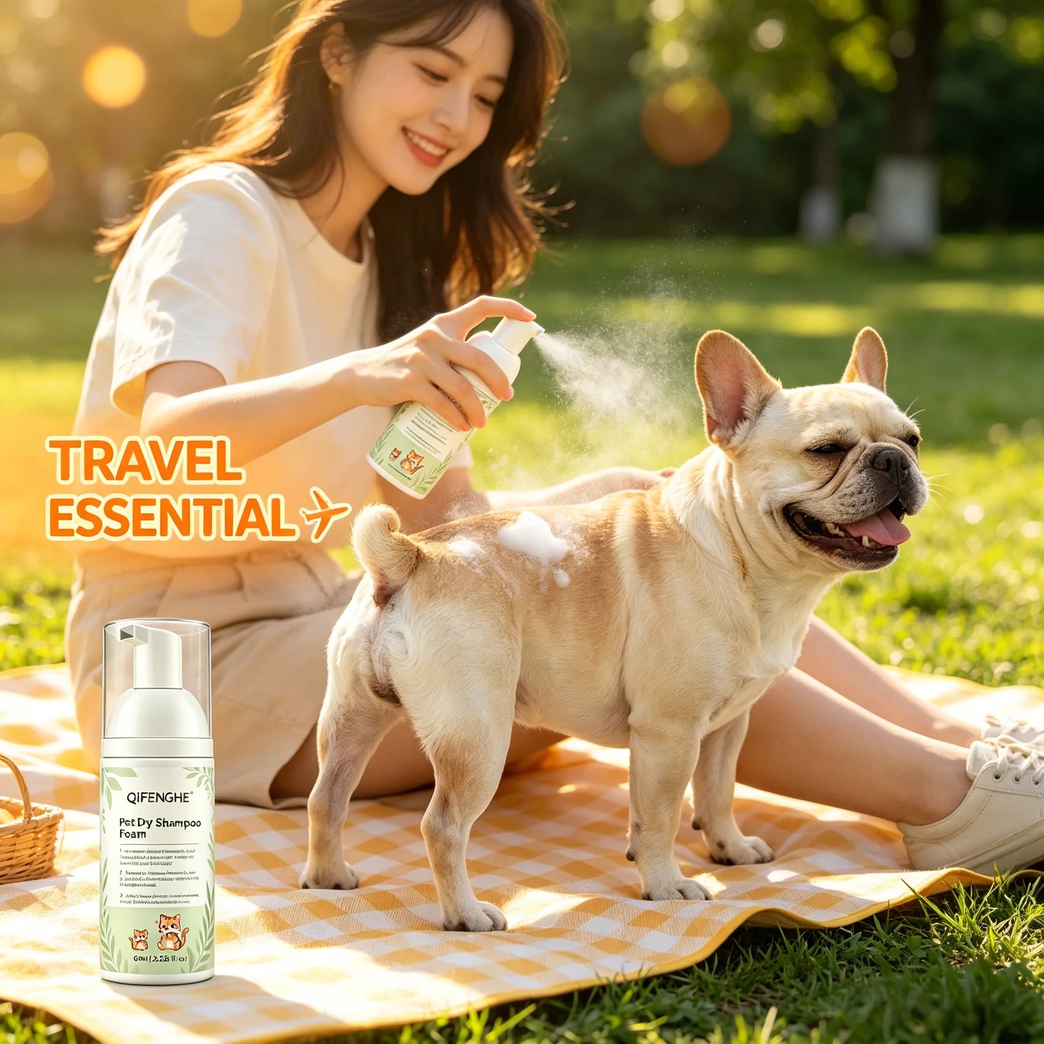 Pet Dry Shampoo Foam for Cats & Dogs, 60ml Waterless Bath-Free Grooming Cleanser for Puppies, Kittens & Pets
