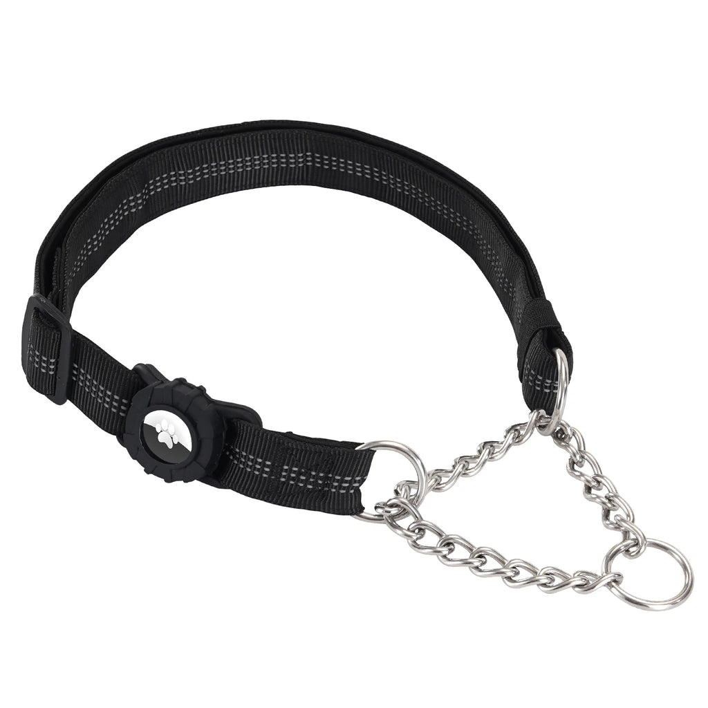 Dog Collar with AirTag Holder, Reflective Nylon Soft Padded No-Pull Training Collar Adjustable Stainless Steel Chain Collar