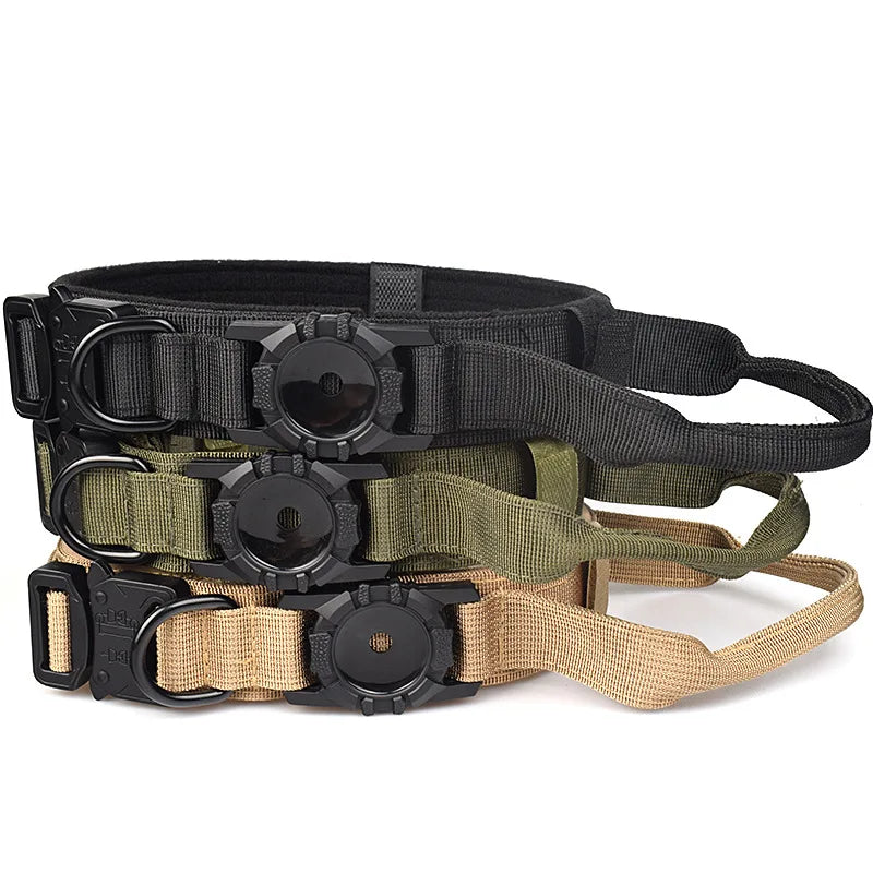 Adjustable with AirTag Holder Tactical Dog Collar, Comfortable Padded and Handle Metal Buckle GPS Collar for Medium Large Dogs