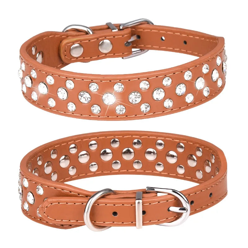 Zircon collar for dogs and cats - PU leather, adjustable, elegant