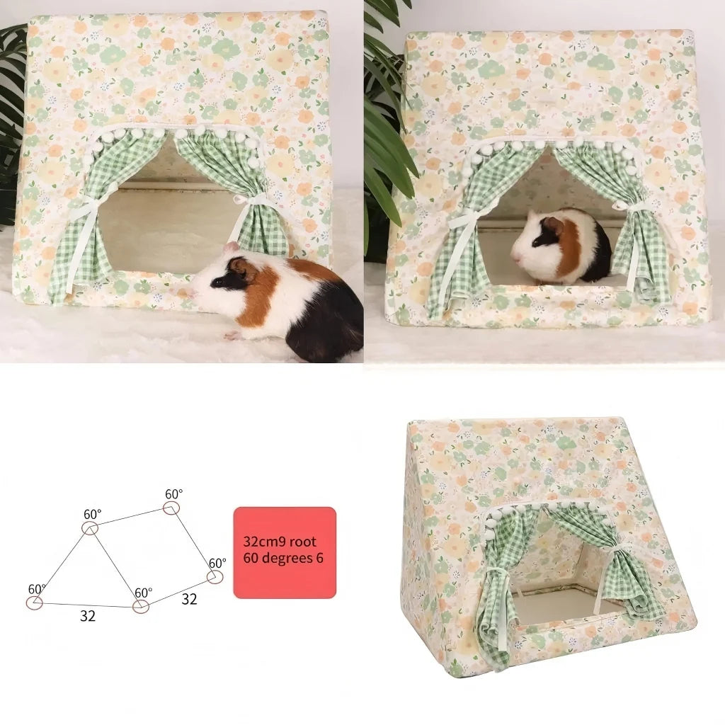 Floral Print Tent Bed with Curtains – for Rabbits, Guinea Pigs and Hamsters, S/M/L