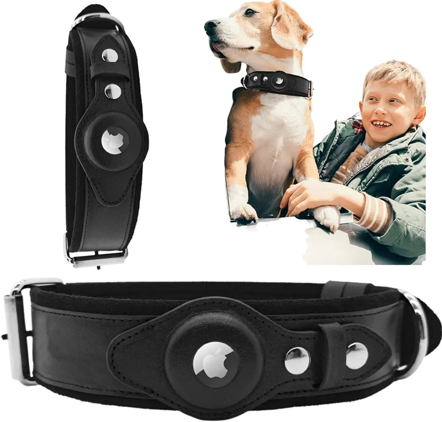 AirTag Holder Case Pet Dog Collar Leather Solid and Anti-Loss Genuine Leather AirTag Heavy Duty Dog Collar