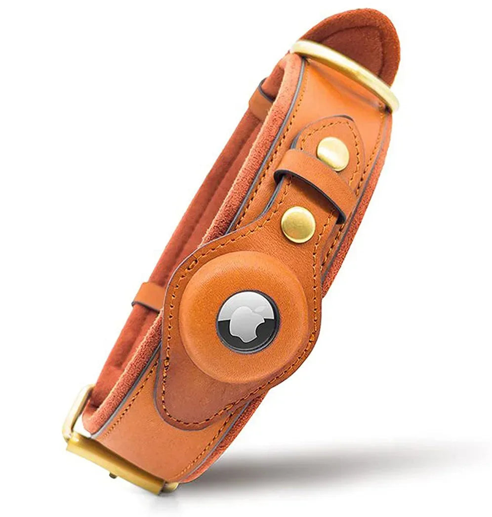 AirTag Holder Case Pet Dog Collar Leather Solid and Anti-Loss Genuine Leather AirTag Heavy Duty Dog Collar